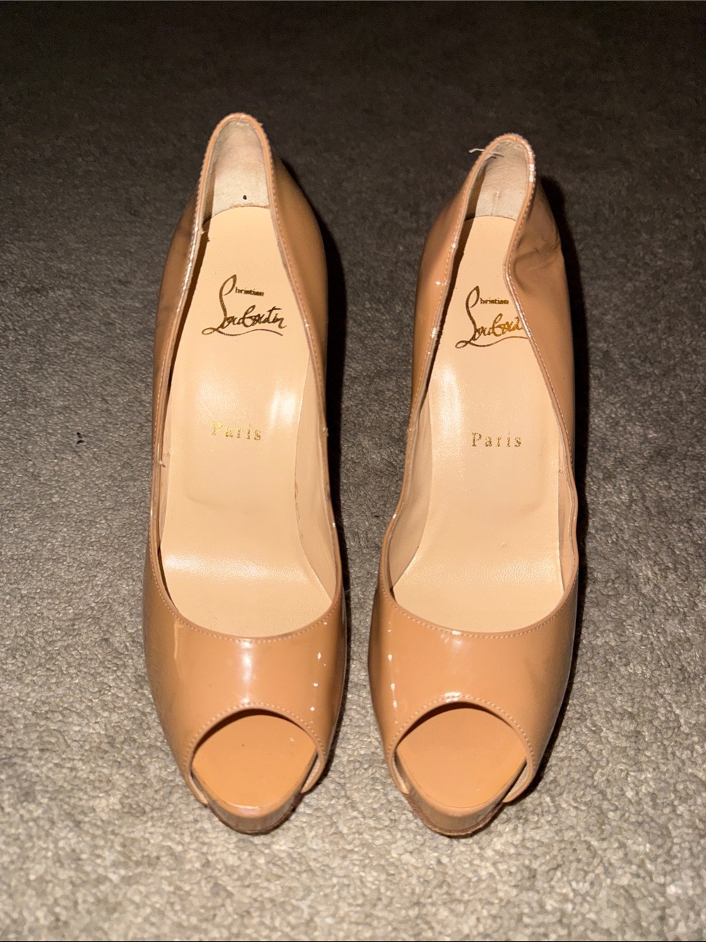 Louboutin Beige Patent Peep-Toe Pumps